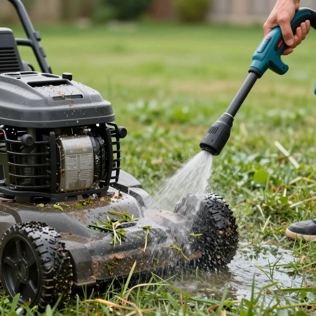 Cleaning a lawn mower deck with a pressure washer