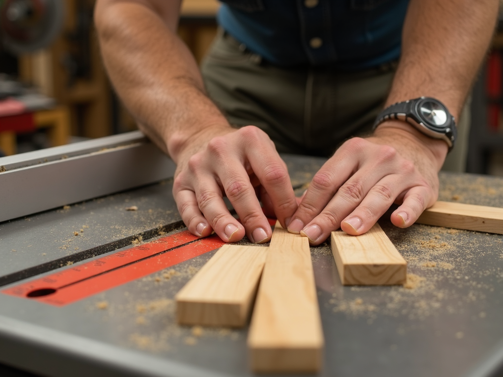 A woodworker setting up a table saw safely.