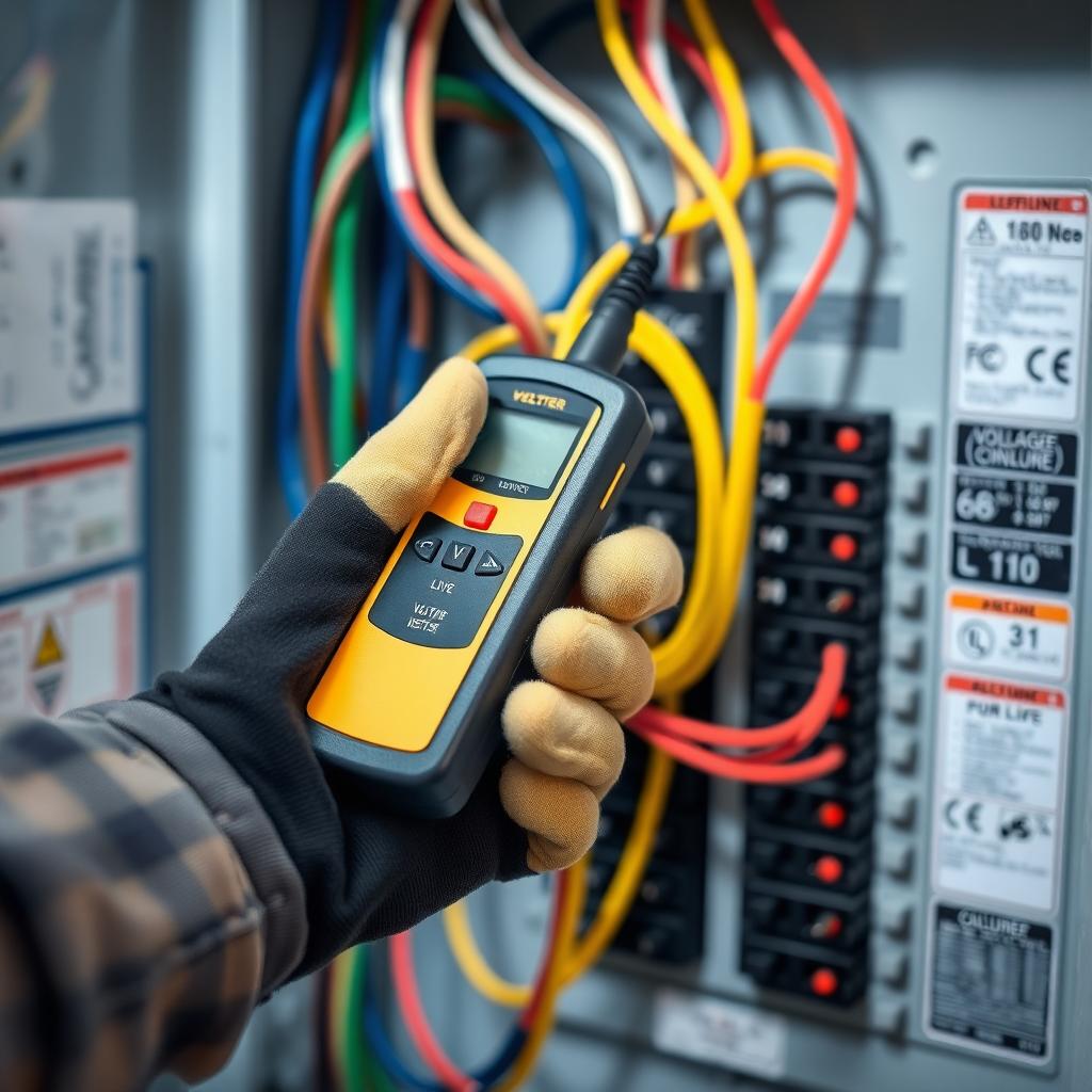 Electrician using a non-contact voltage tester on a breaker panel
