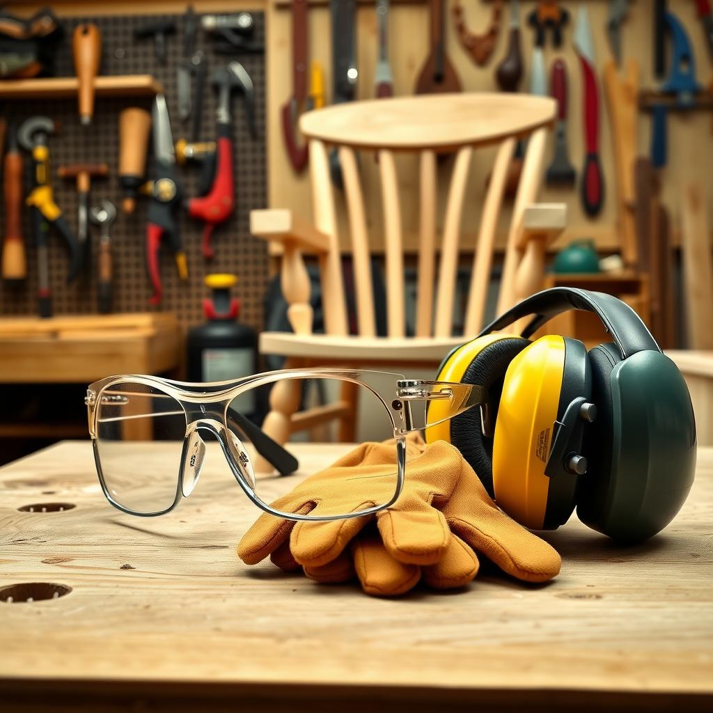 Safety glasses, work gloves, and ear protection on a woodworking workbench.