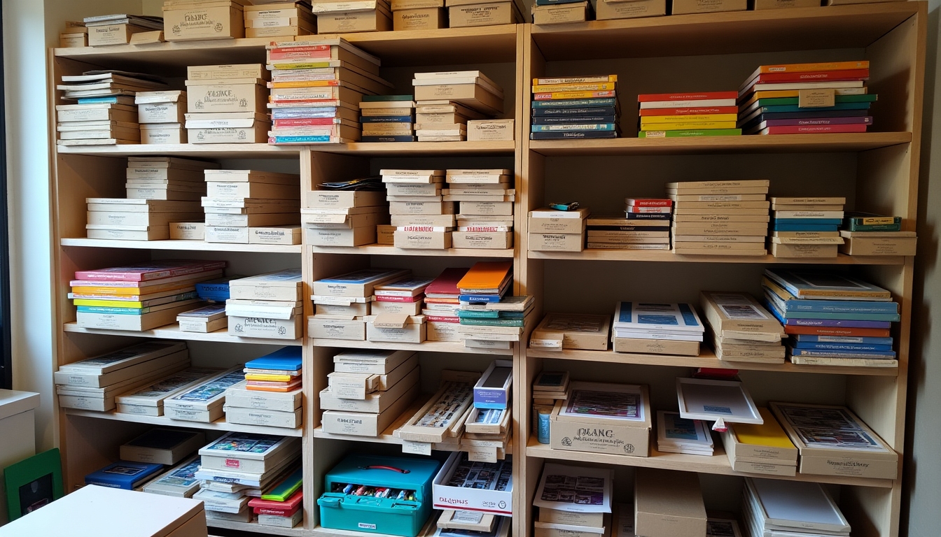 Shelves with labeled boxes for different painting tool categories.