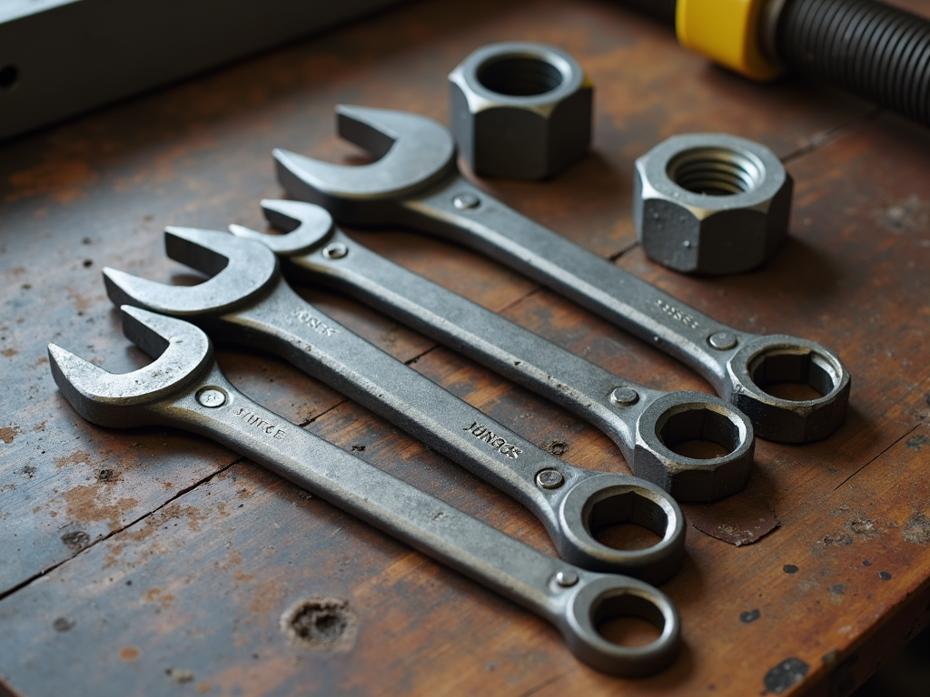 A wrench set, essential for tightening nuts and bolts.