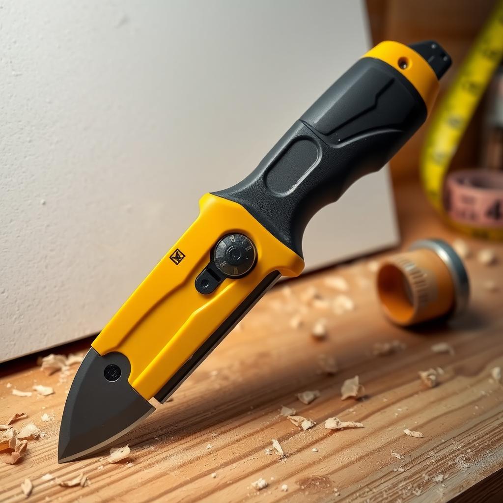 Close-up of a utility knife with a black and yellow grip on a workbench next to drywall.