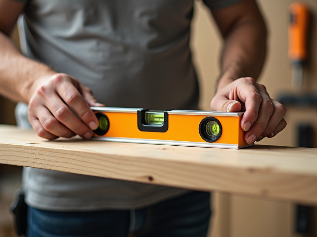Workman using level on shelf