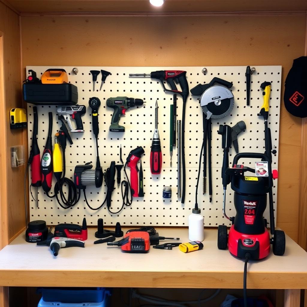 Organized garage workbench with power tools and accessories