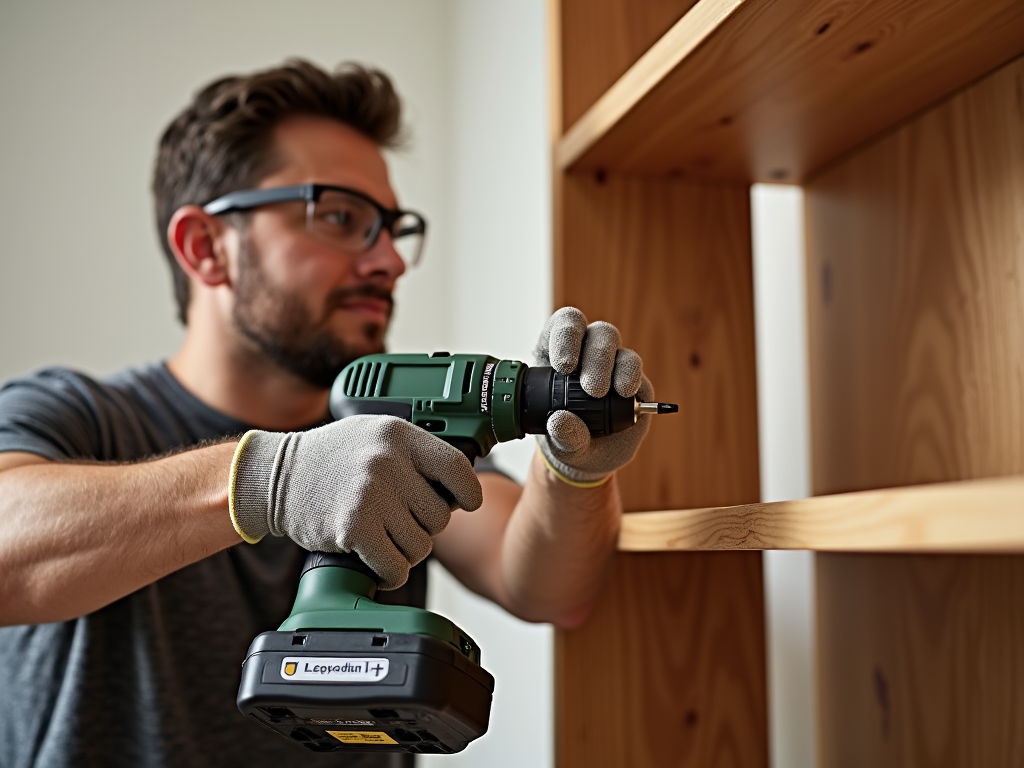 Person using a cordless drill to assemble furniture