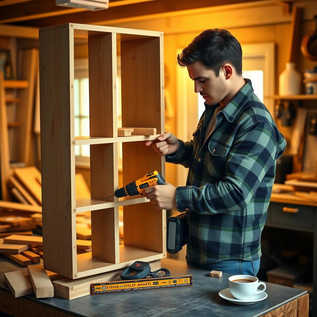 DIY enthusiast using a cordless drill to build a bookshelf in a home workshop
