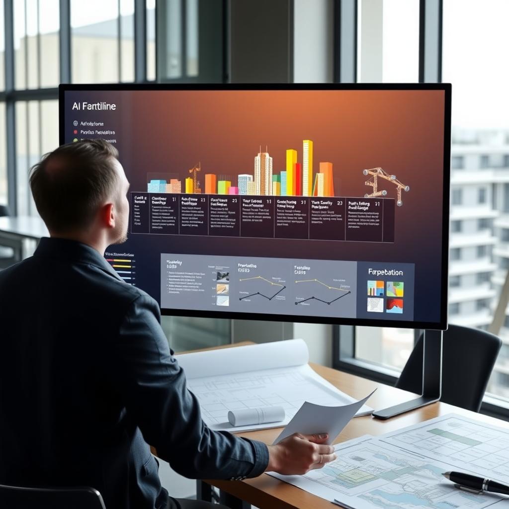 Construction manager analyzing an AI-generated project timeline on a touchscreen in a modern office.