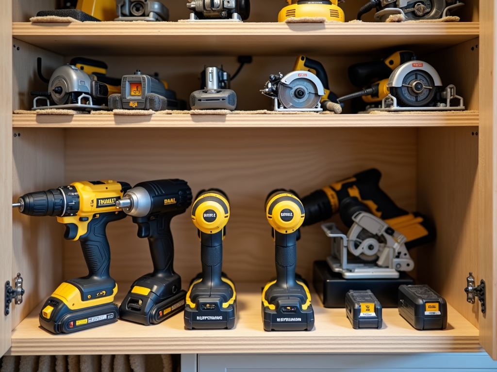 Organized power tools on a workshop shelf with protective padding