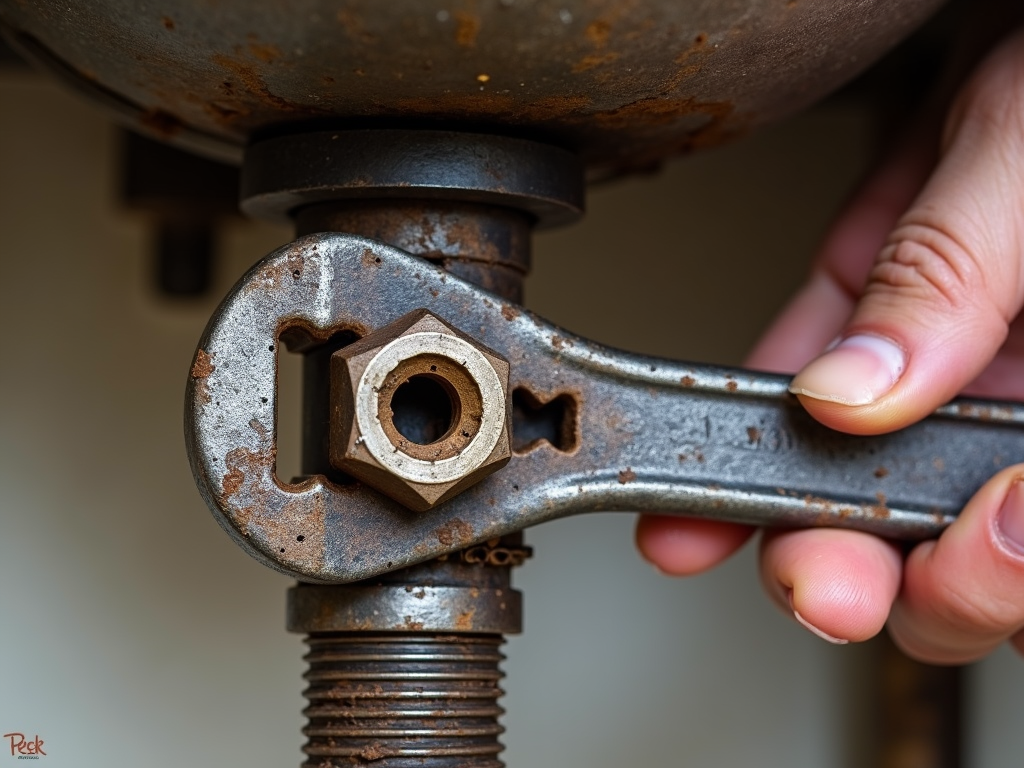 Adjustable wrench tightening a nut on a pipe