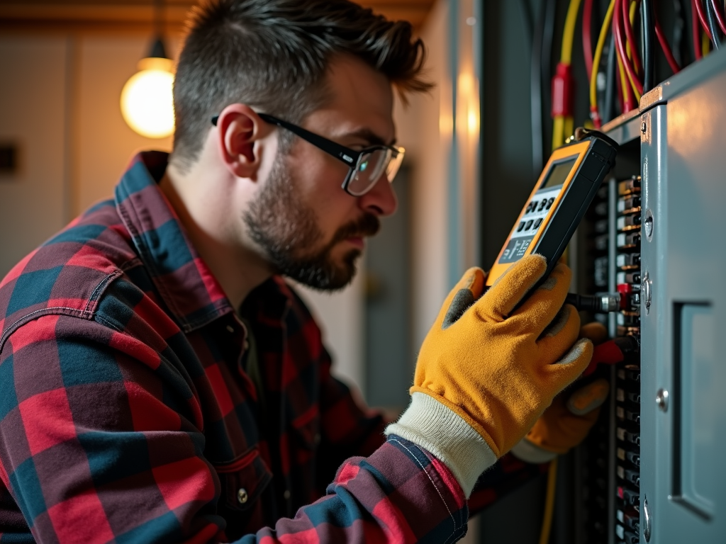 Electrician checking a breaker panel safely