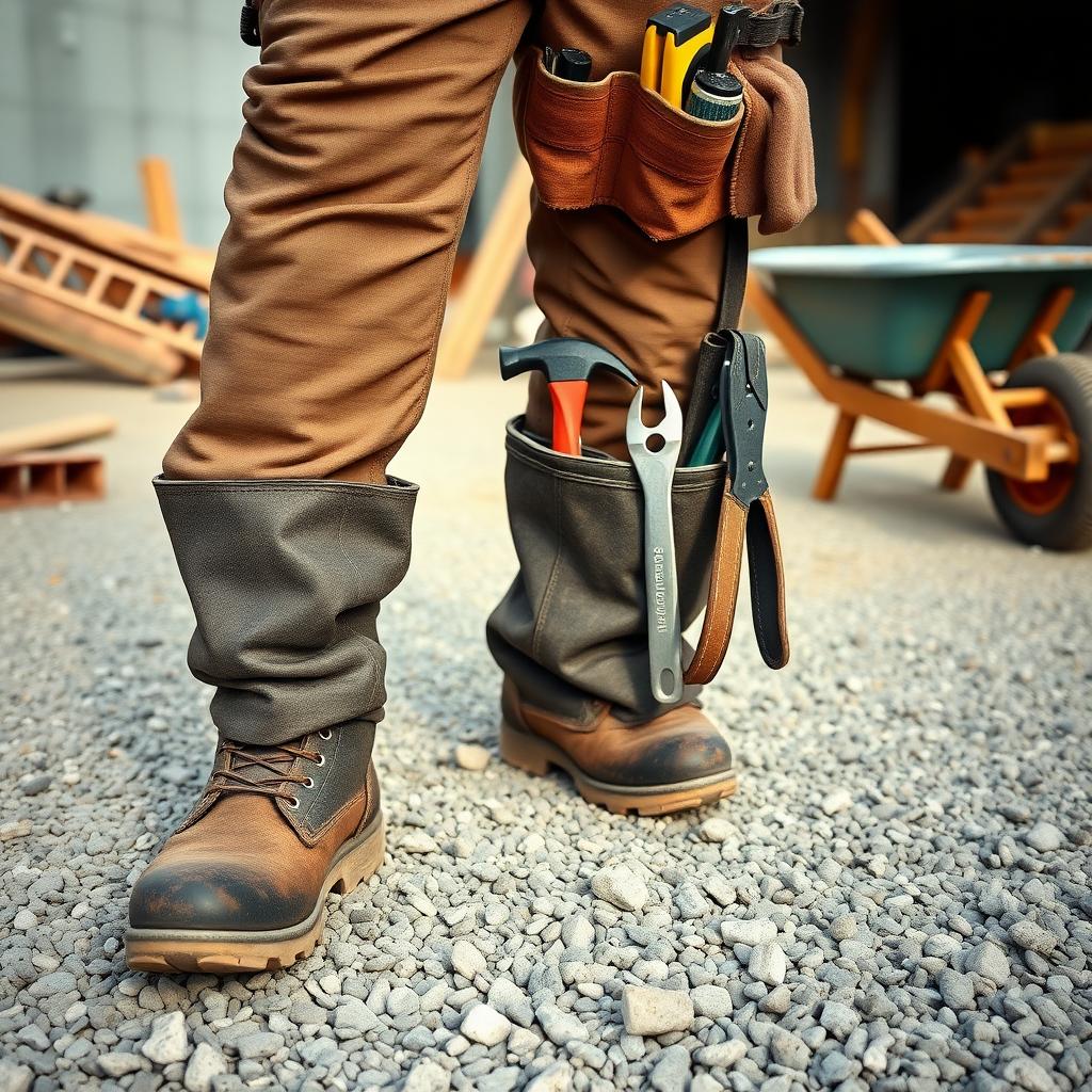 Construction worker’s work boots and tool belt with tools on a gravel job site.