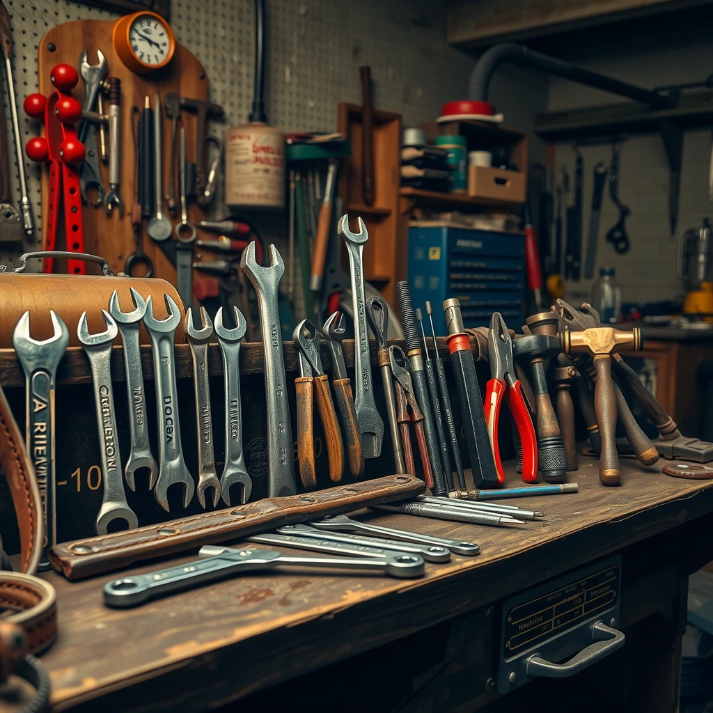 Vintage early 20th century automotive mechanic tools on a wooden workbench