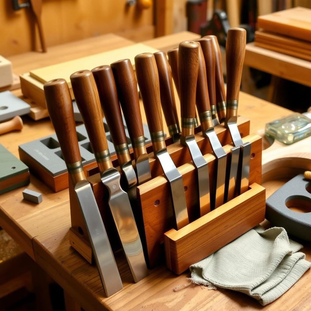 Organized woodworking bench with a set of mortise chisels in a rack.