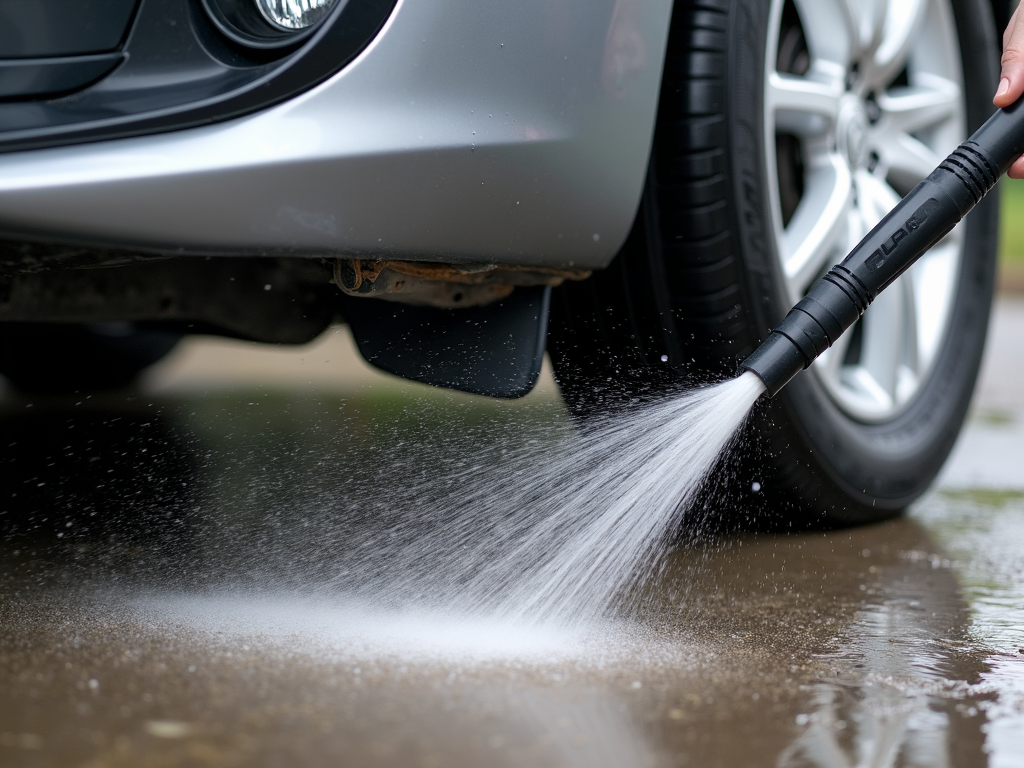 Power washer cleaning a car's undercarriage
