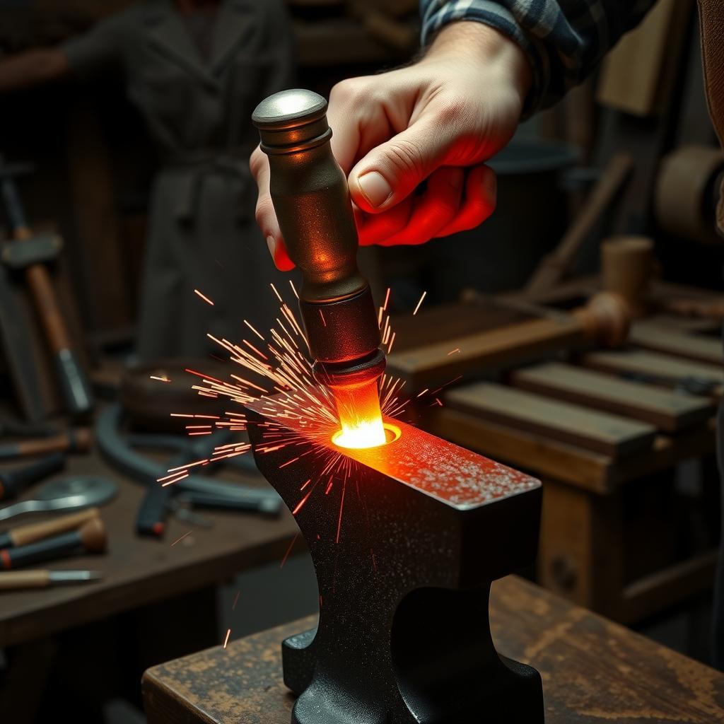 Craftsman hammering red-hot steel on an anvil with sparks flying in a workshop
