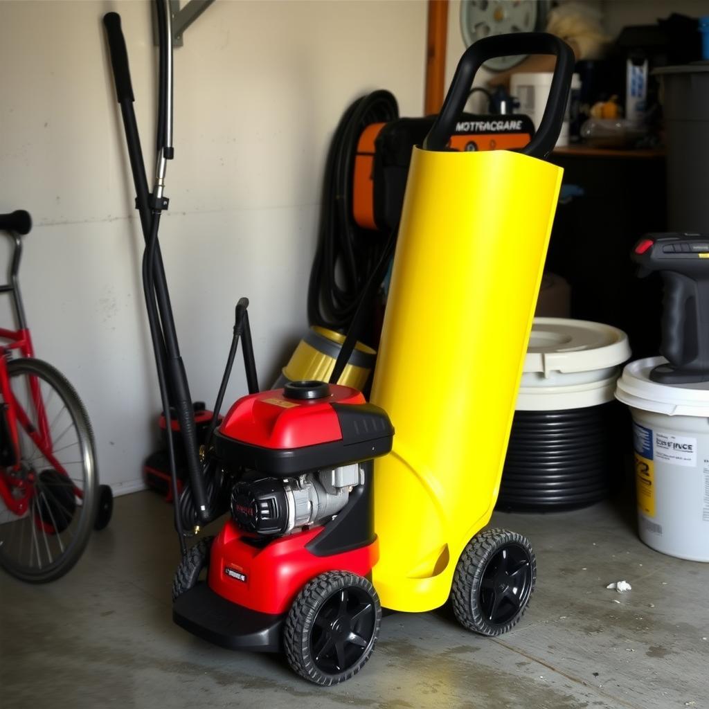 Storing a power washer in a garage.