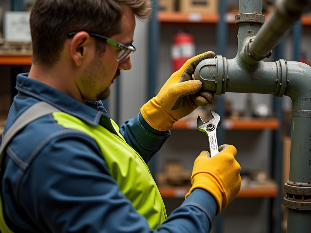 Person with PPE using wrench on pipe
