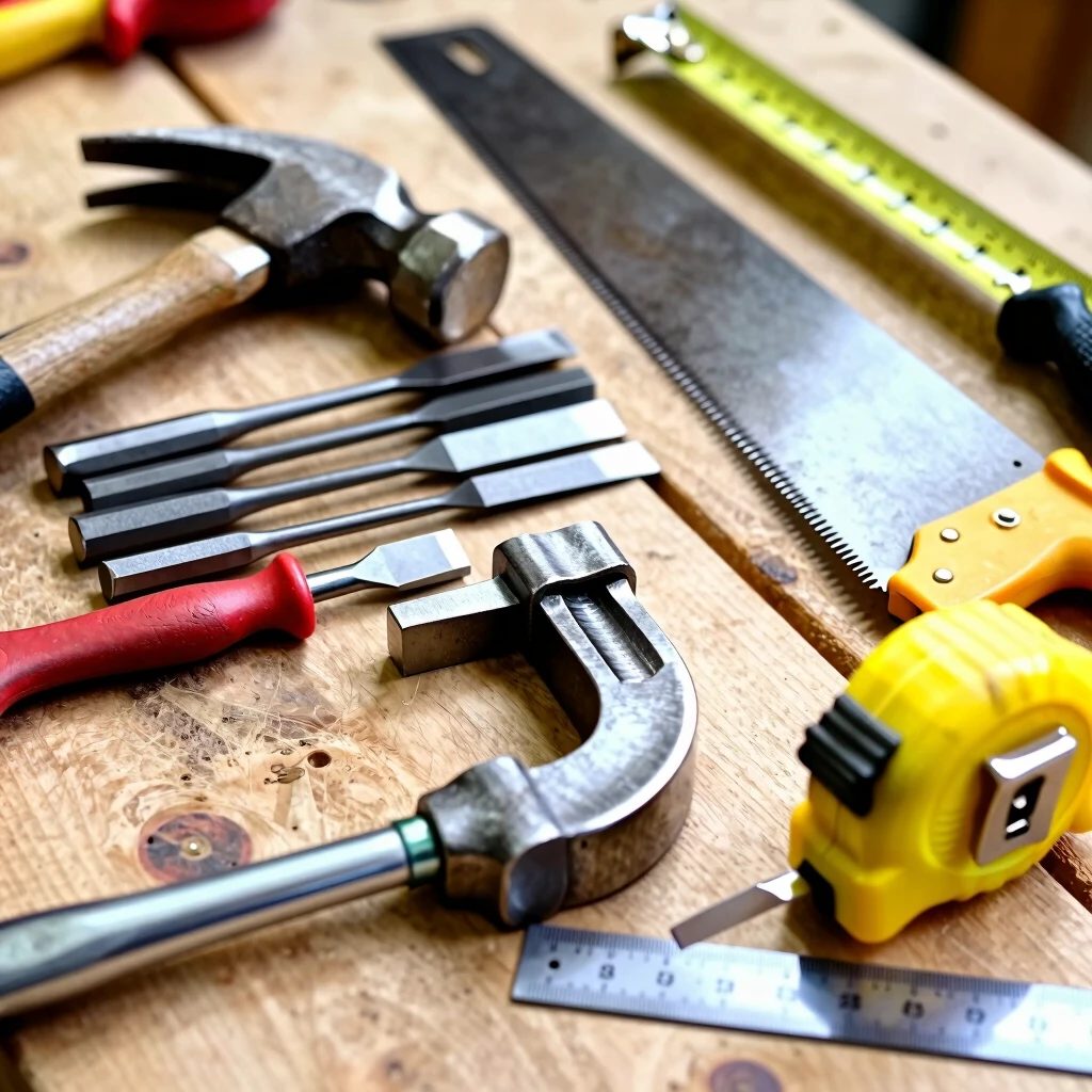 Close-up of essential high-quality workshop tools on workbench