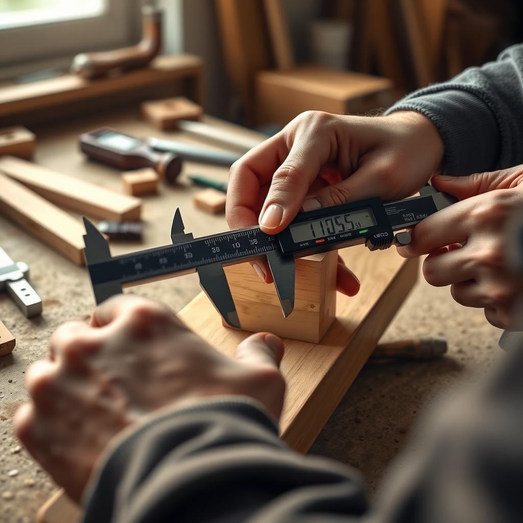 Craftsman measuring a wooden piece with a digital caliper on a workbench.