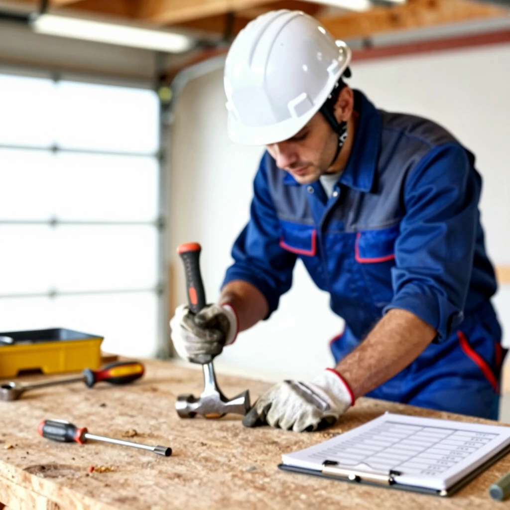 Worker inspecting hand tools on workbench