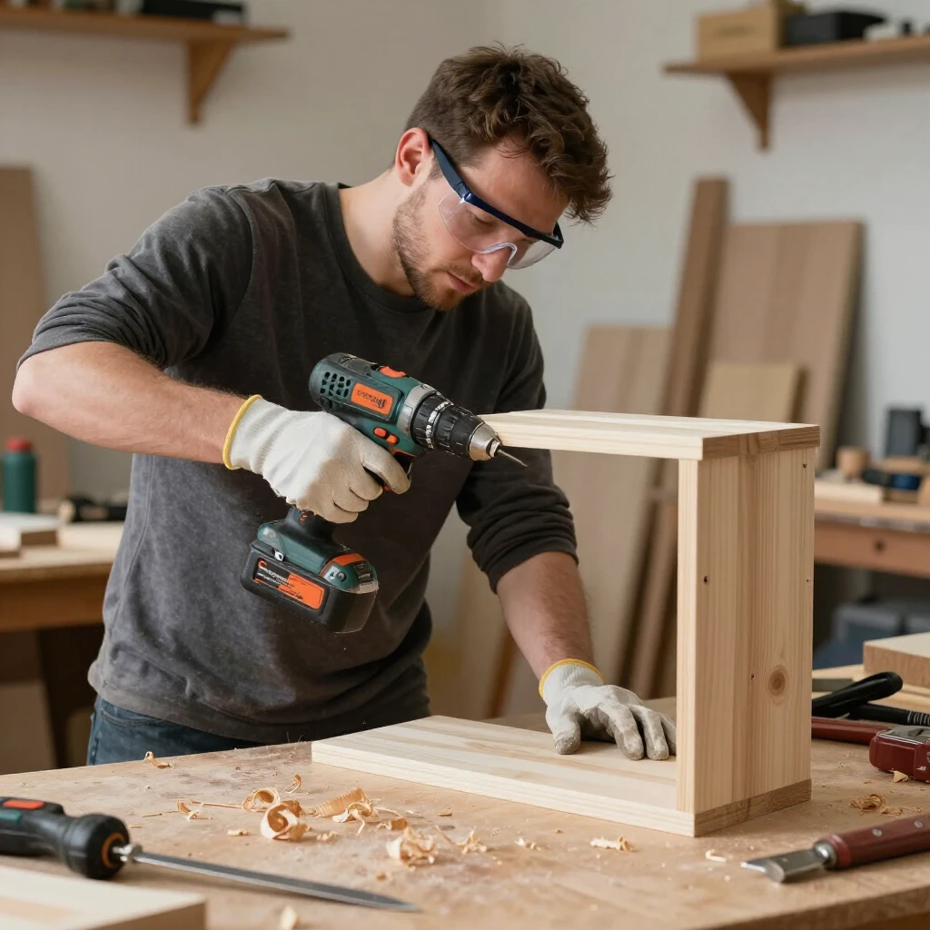 Beginner woodworker using a cordless drill in a home workshop