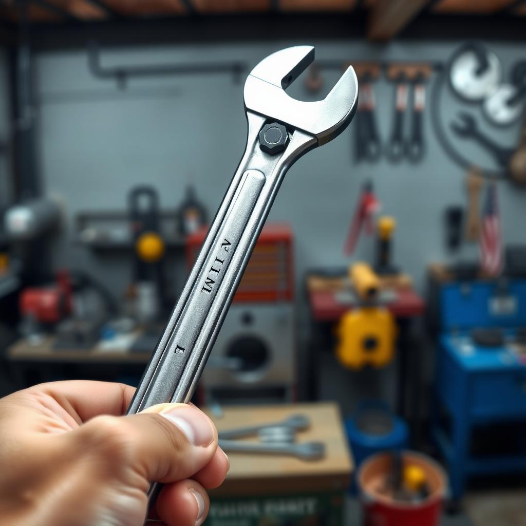 Hand holding a chrome-finished adjustable wrench in a workshop setting.