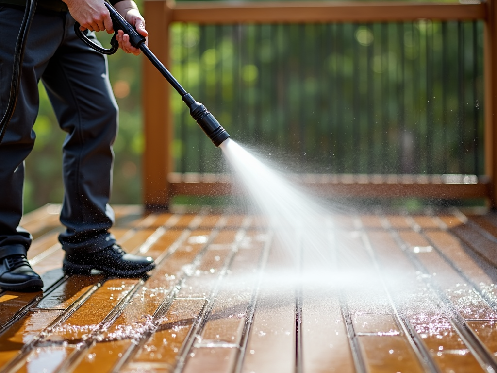 Power washing a wooden deck