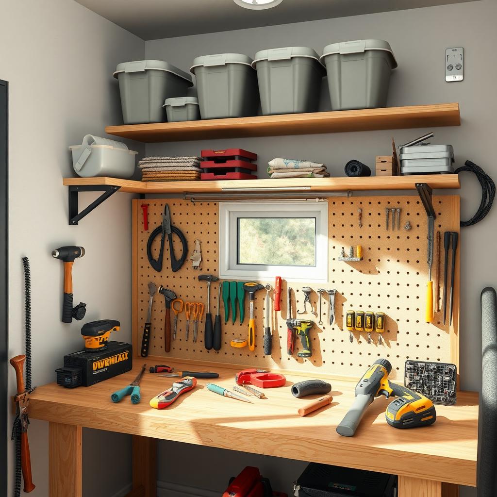 Compact workshop with organized workbench, tools on pegboard, and labeled storage bins under natural light.