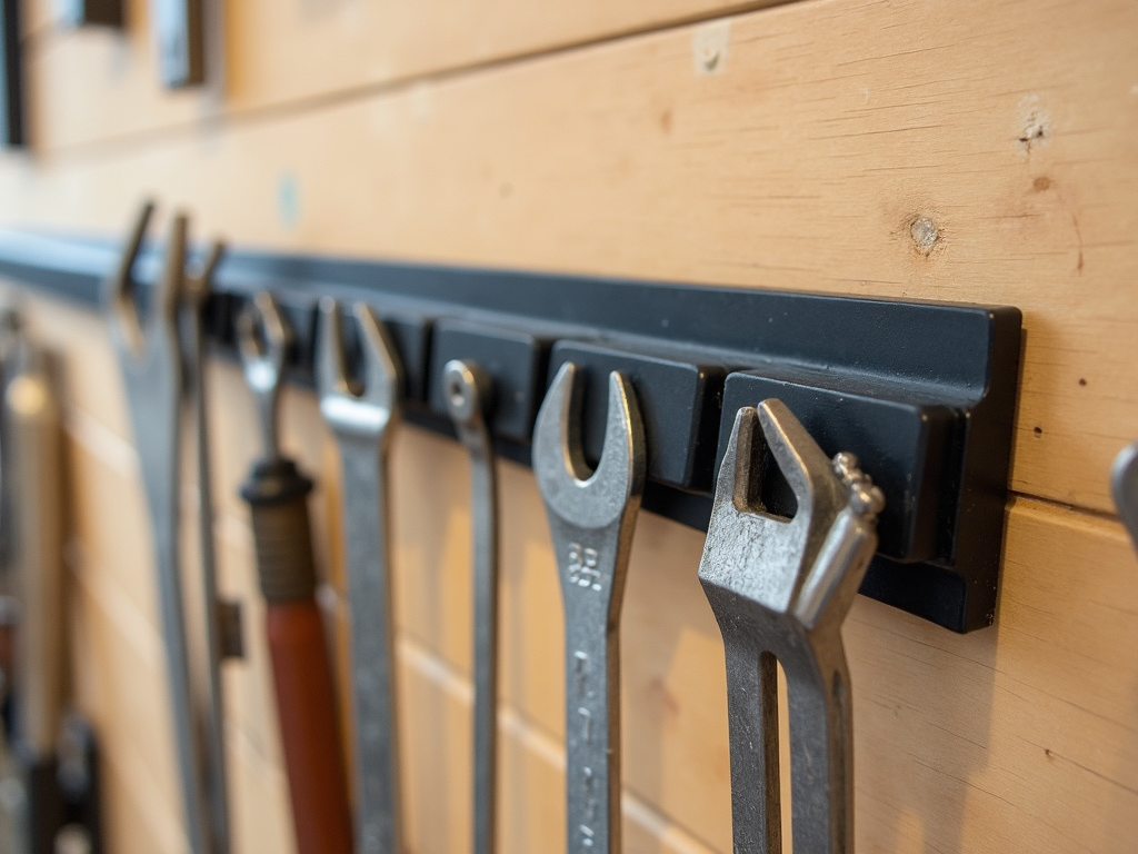 Magnetic strip organizing metal tools.