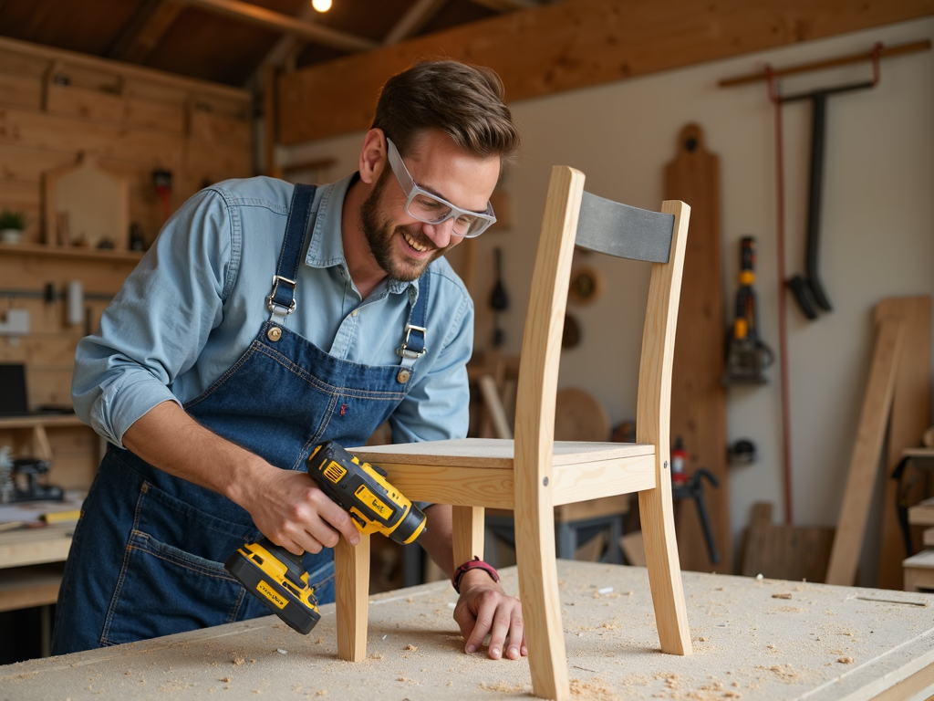 Woodworker assembling wooden chair with cordless power drill