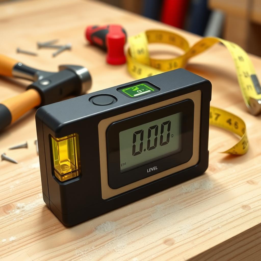 Digital level on a carpentry workbench