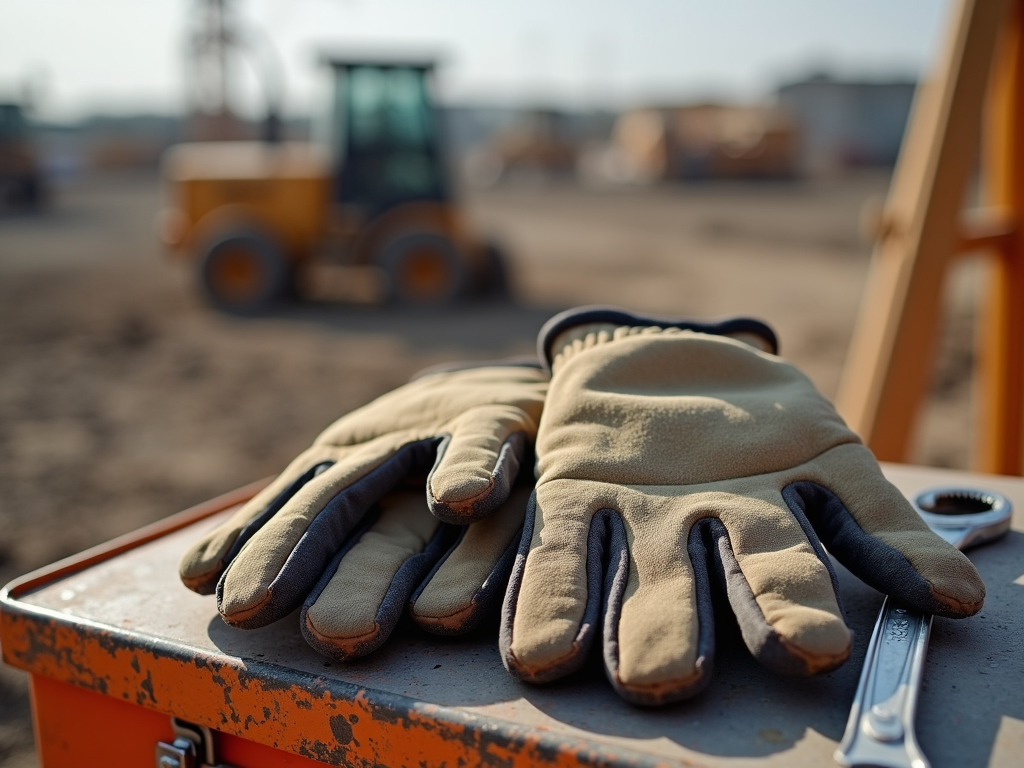 Work gloves and wrench on toolbox
