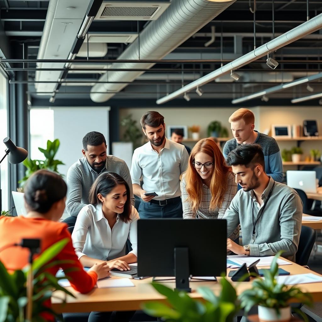 Workers collaborating in a tech-driven workspace.
