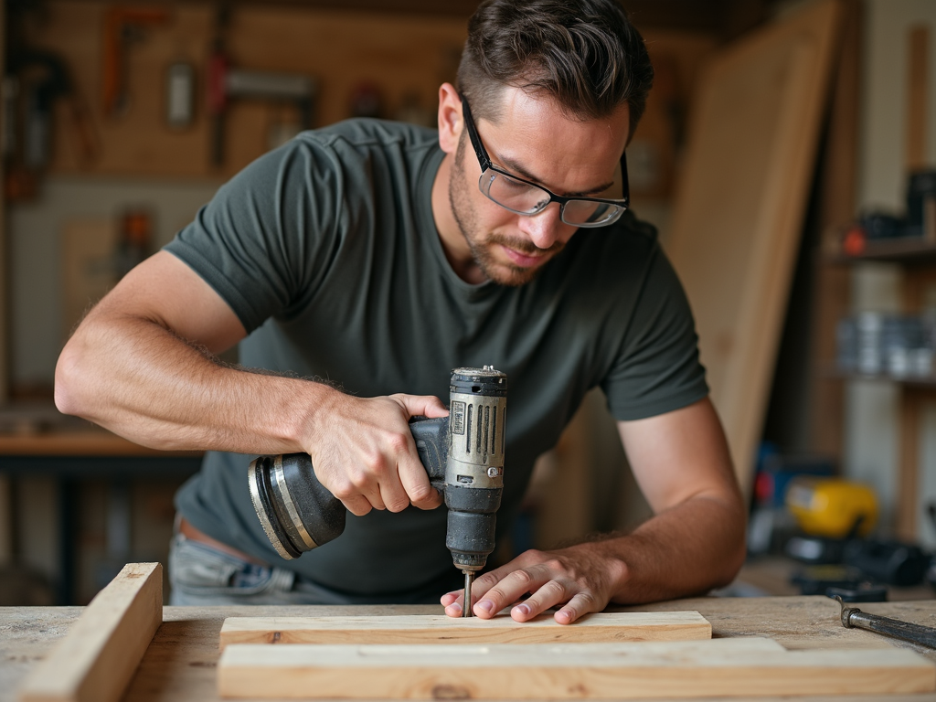 A workman using a power drill