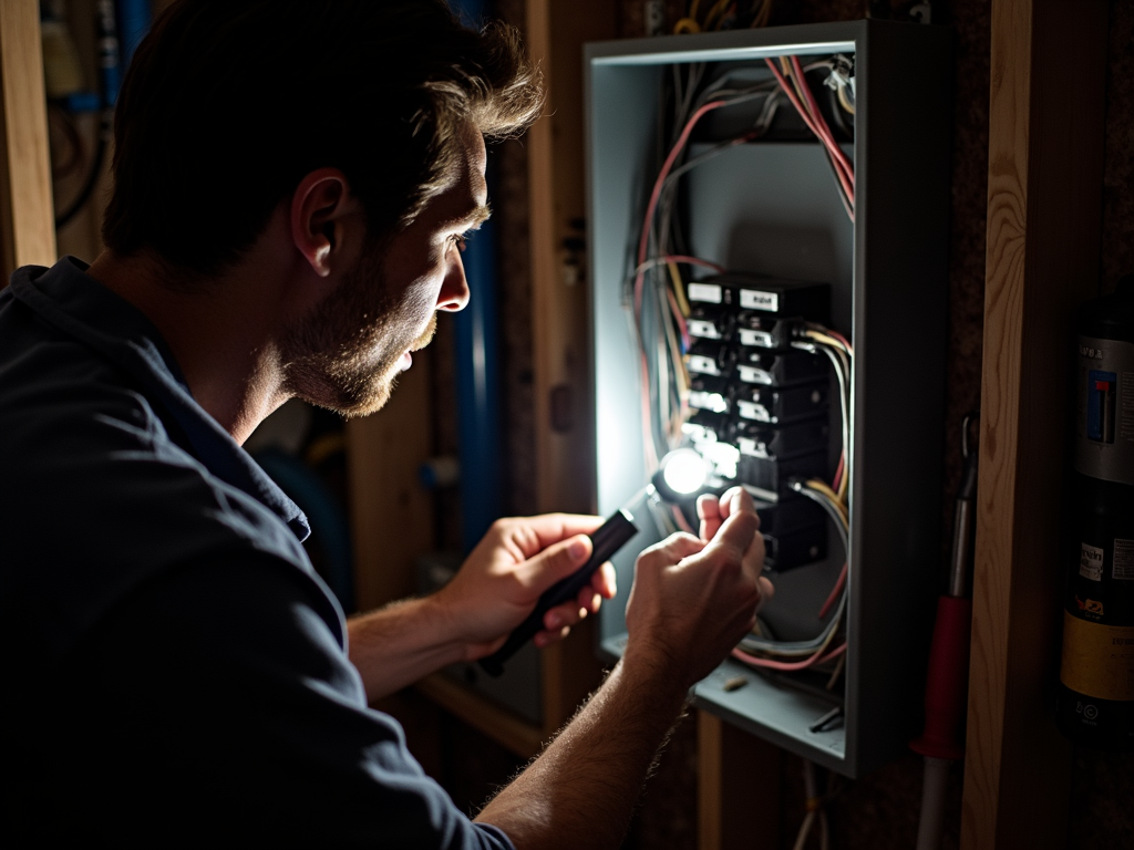 Using a flashlight to inspect an electrical panel