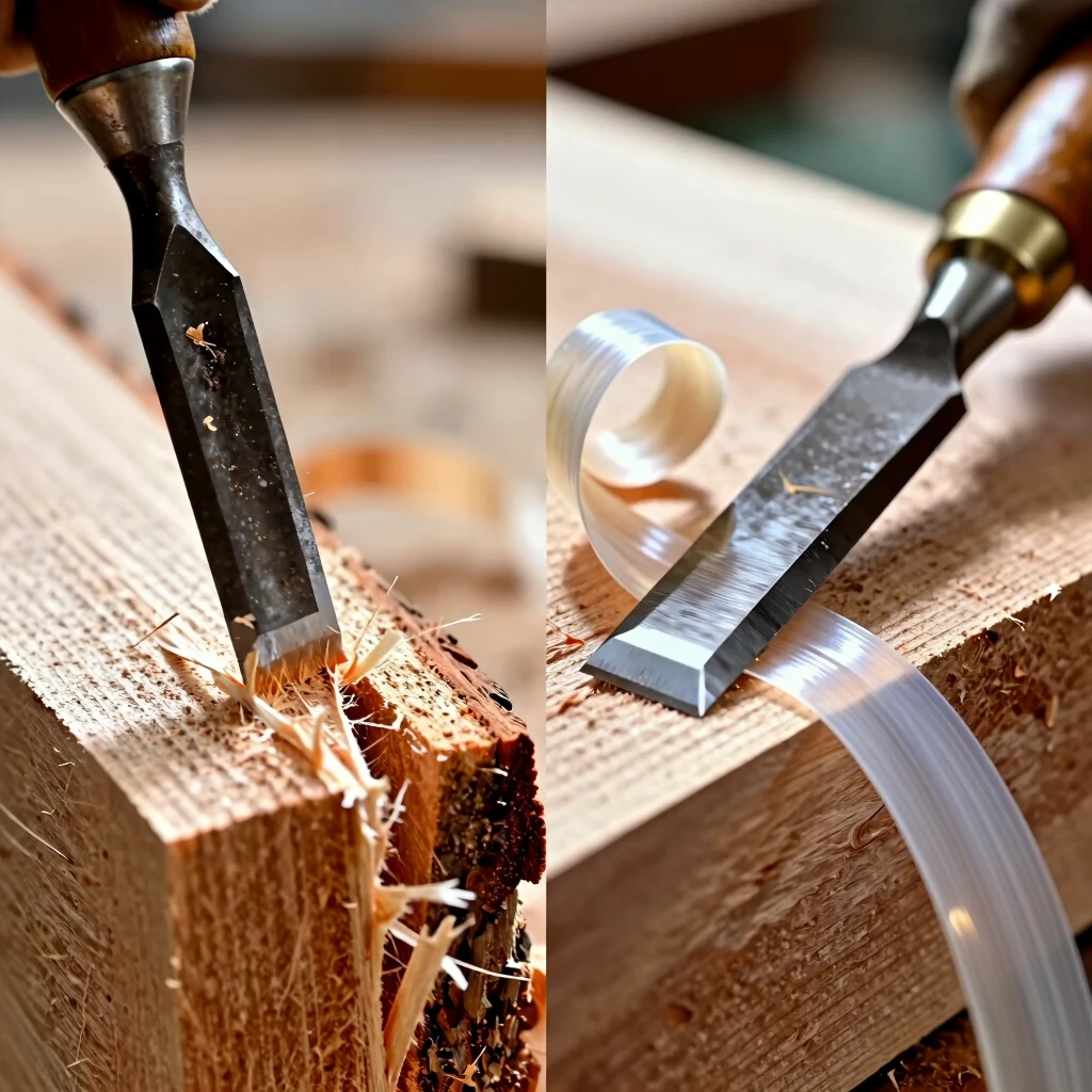 Before and after comparison of dull versus sharp chisel cutting end grain