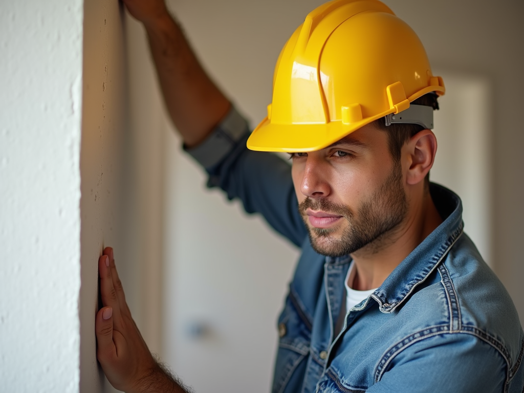 DIYer wearing a hard hat while working on a construction project.