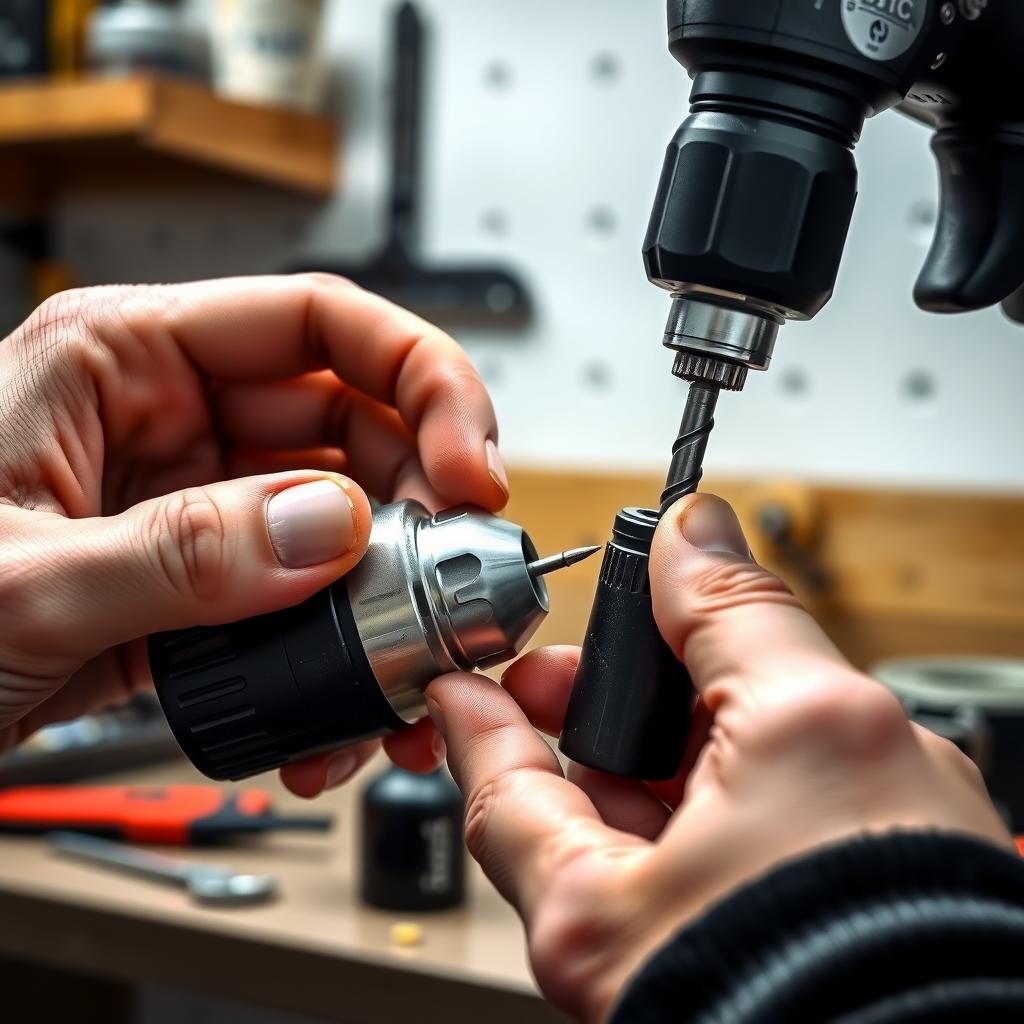 Hands lubricating a power drill chuck with machine oil
