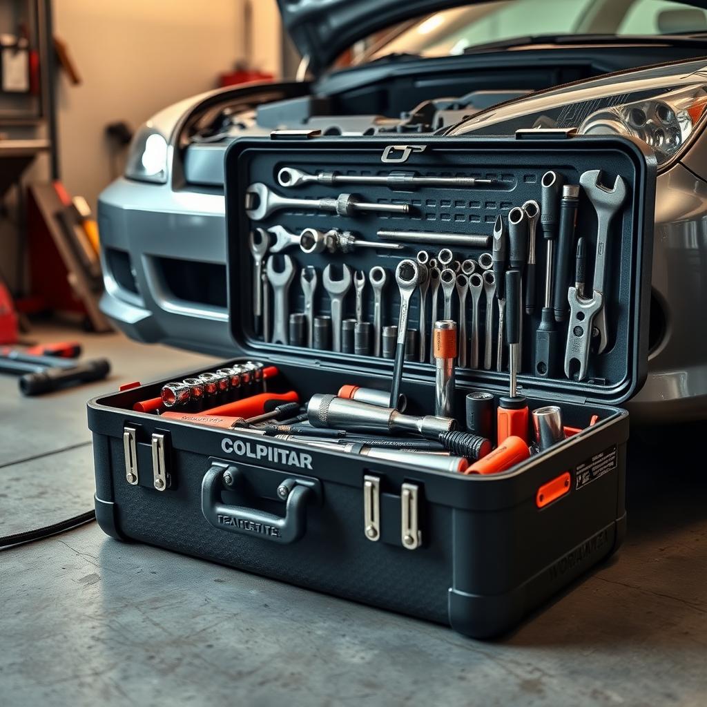 Open toolbox with workman tools for automotive repair next to a car in a garage