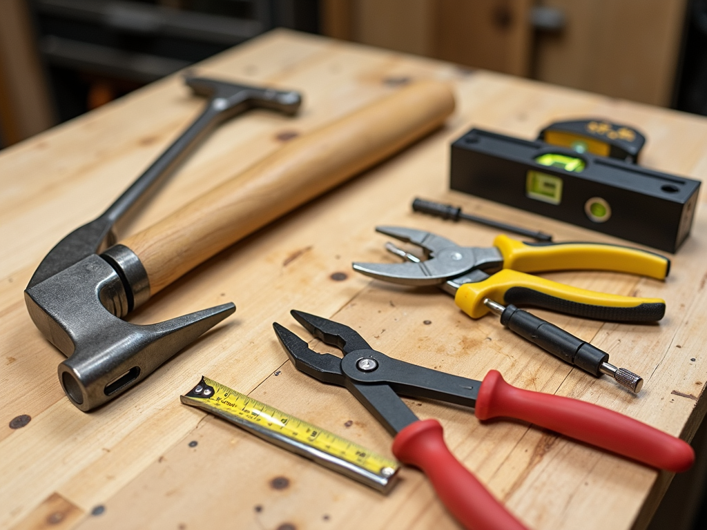 Basic DIY tools on a workbench
