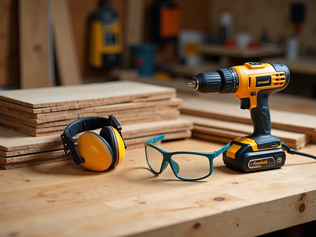 Safety gear and power drill on workbench