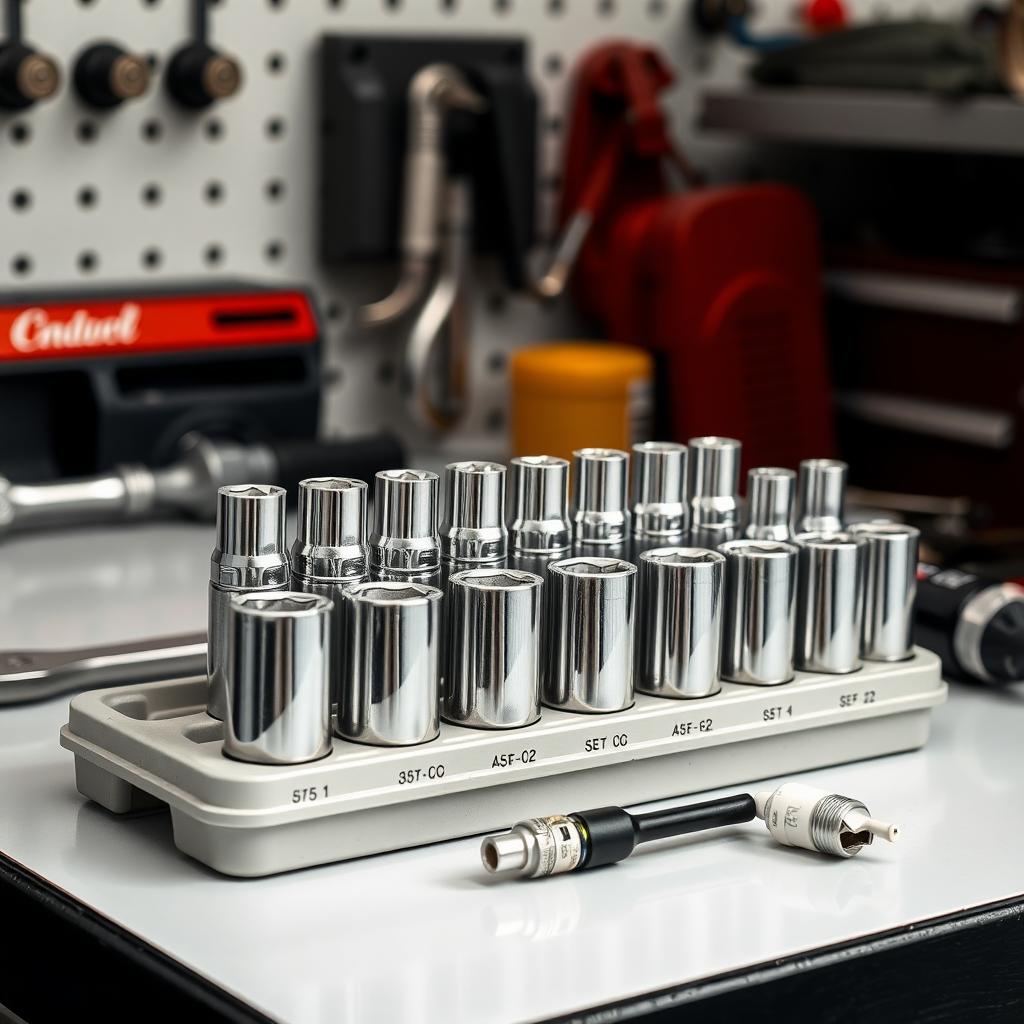 Chrome vanadium socket set in a molded plastic case on a workbench with automotive tools in the background.