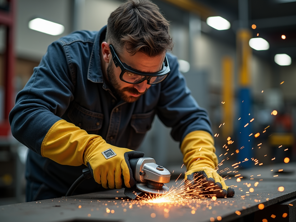 Mechanic safely using a grinder with protective gear