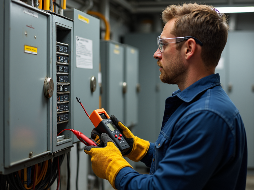 An electrician with insulated gloves and safety glasses uses a voltage tester at a breaker box to ensure the power is off.