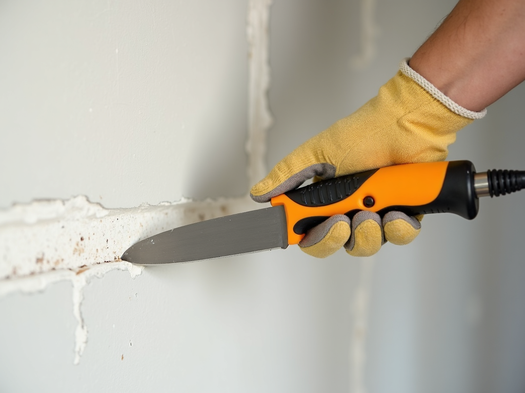 Contractor cutting drywall with a utility knife.