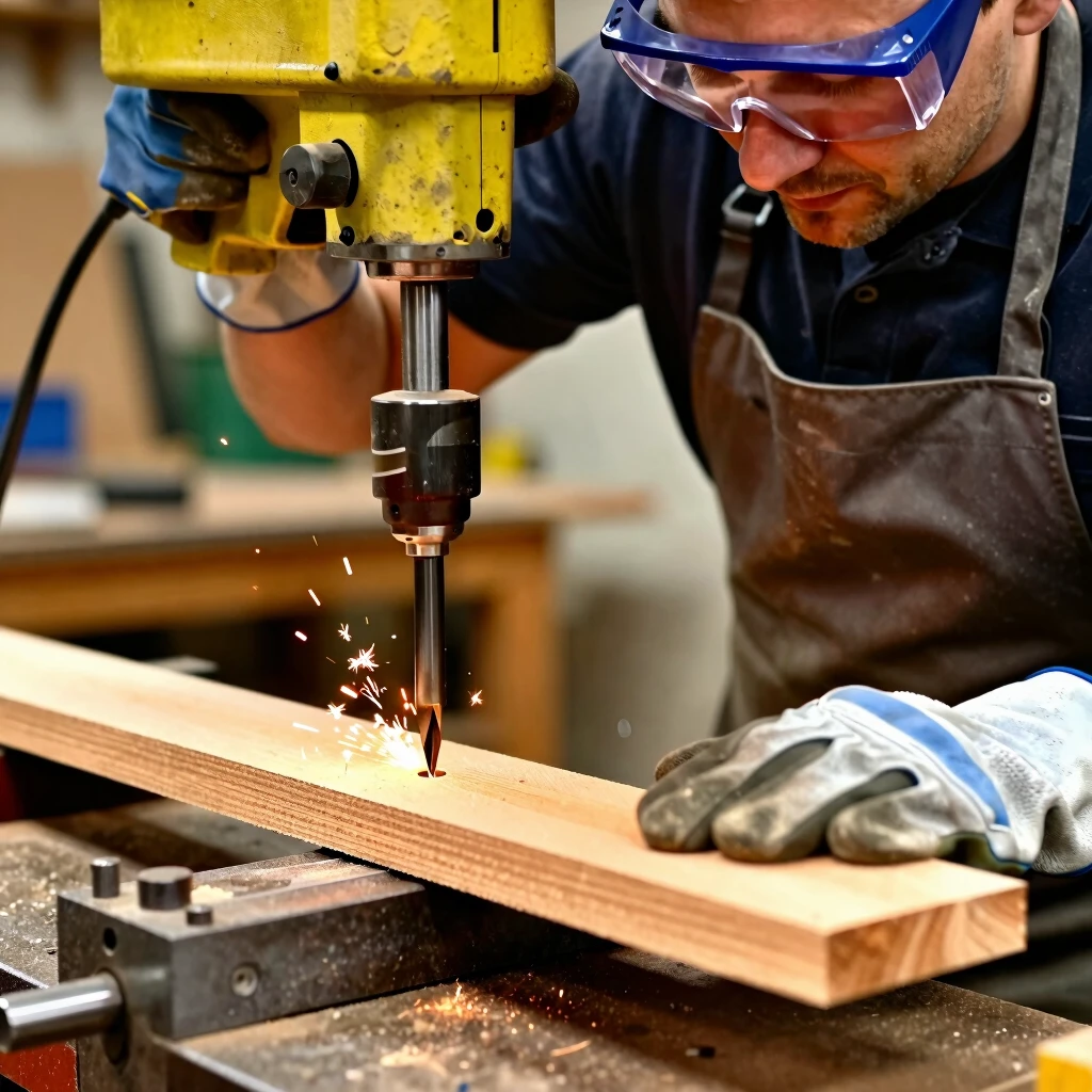 Craftsman safely operating a drill press on clamped wood for precision drilling