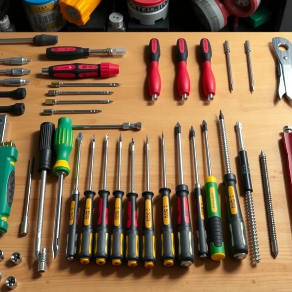 Variety of different screwdriver types laid out on a workbench