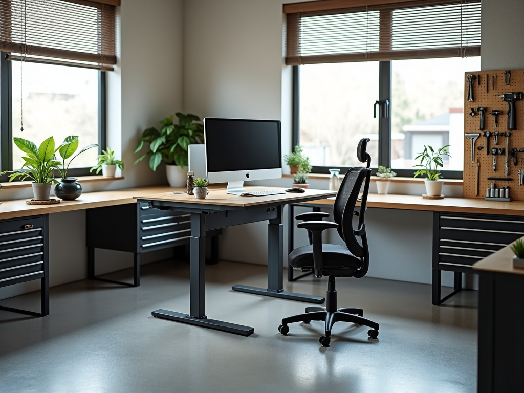 A home office with a standing desk, ergonomic chair, and a workbench with tools.