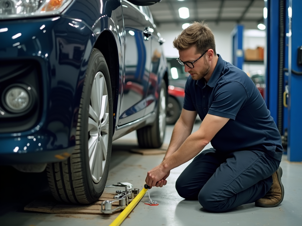 Mechanic measuring a car part with a retractable tape measure.